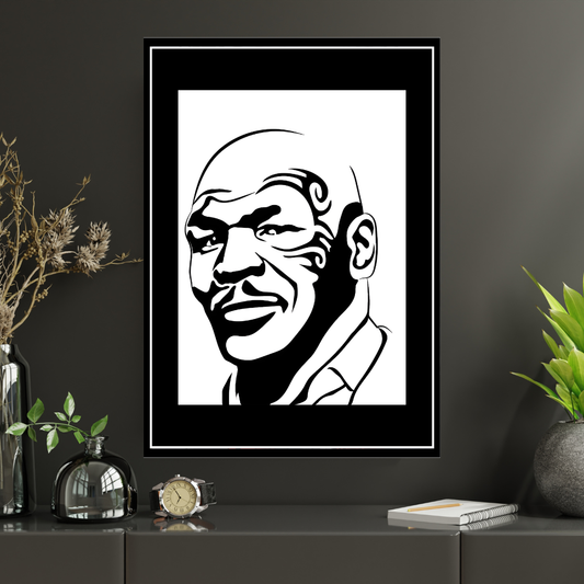 MIKE TYSON Boxing Legend Silhouette 2D Framed Wall Art Poster | HD Gloss Finish Black & White Portrait | Powerful Sports Motivation Wall Frame for Home, Office & Gym