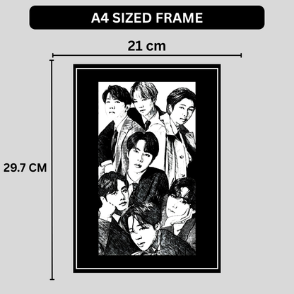 BTS Inspired K-Pop Boy Band 2D Framed Wall Art Poster | 7-Member Music Icon Sketch Design | HD Gloss Finish Fan Art Frame for Bedroom, Studio & Modern Home Décor