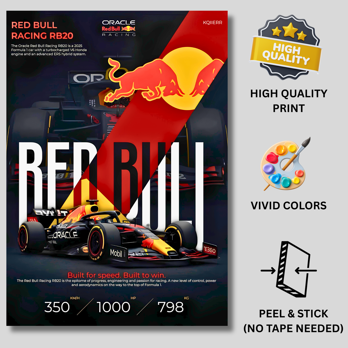 Oracle Red Bull Racing RB20 Formula 1 Poster Wall Art | Red Bull F1 Race Car Aesthetic Poster for Gaming Room, Bedroom & Office | Premium Motorsport Decor Print