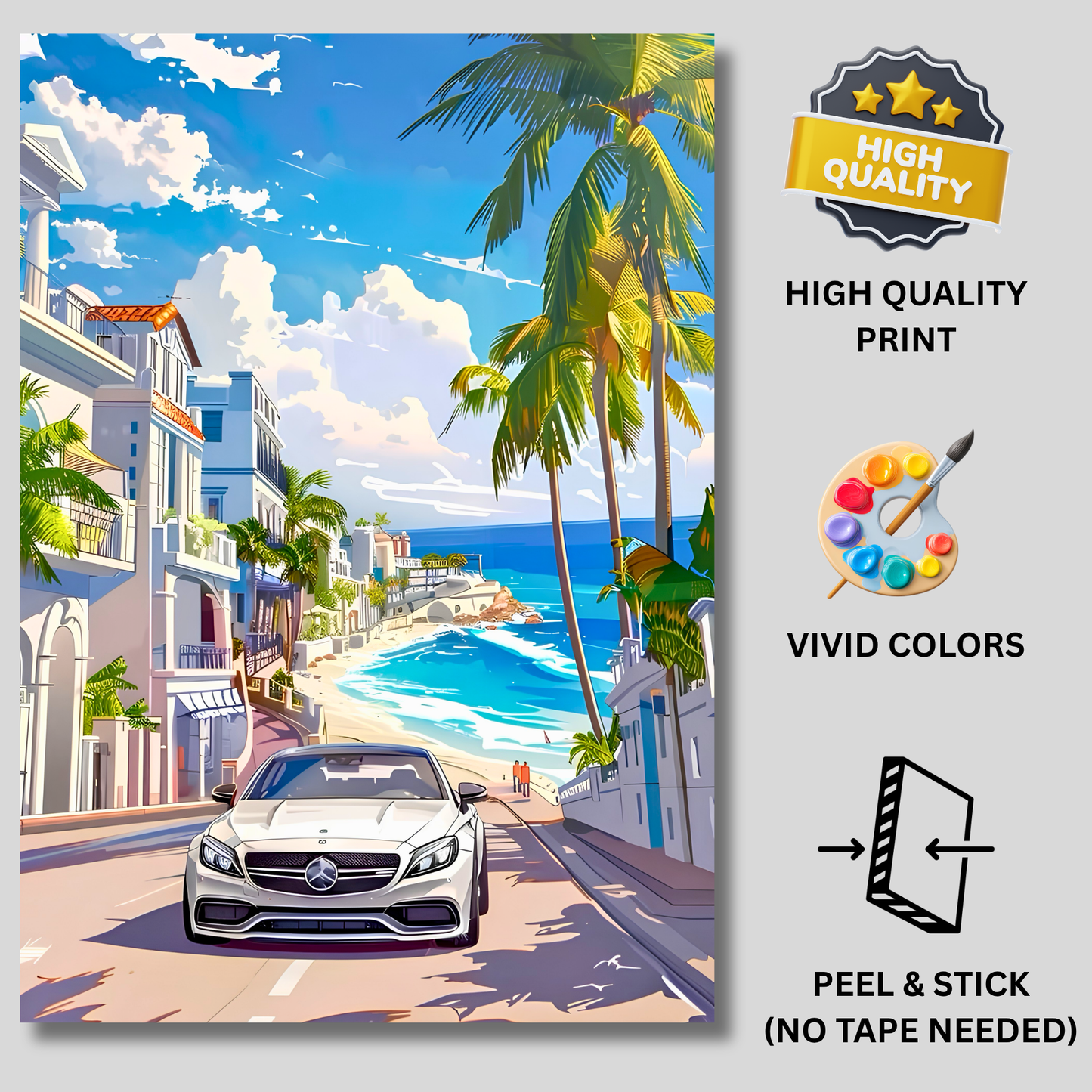 Luxury Coastal Supercar Poster for Room Aesthetic | Premium Beachside Sports Car Wall Art for Bedroom, Gaming Room, Office & Man Cave | Modern Tropical Car Artwork Decor