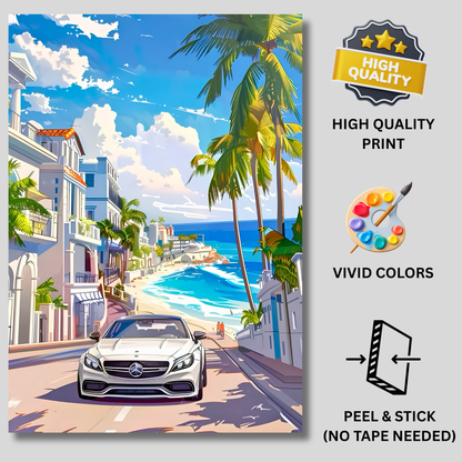 Luxury Coastal Supercar Poster for Room Aesthetic | Premium Beachside Sports Car Wall Art for Bedroom, Gaming Room, Office & Man Cave | Modern Tropical Car Artwork Decor