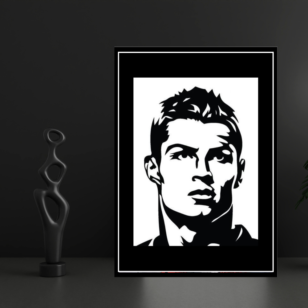RONALDO Football Icon Silhouette 2D Framed Wall Art Poster | HD Gloss Finish Black & White Portrait | Legendary Sports Motivation Frame for Home, Office & Gym Décor