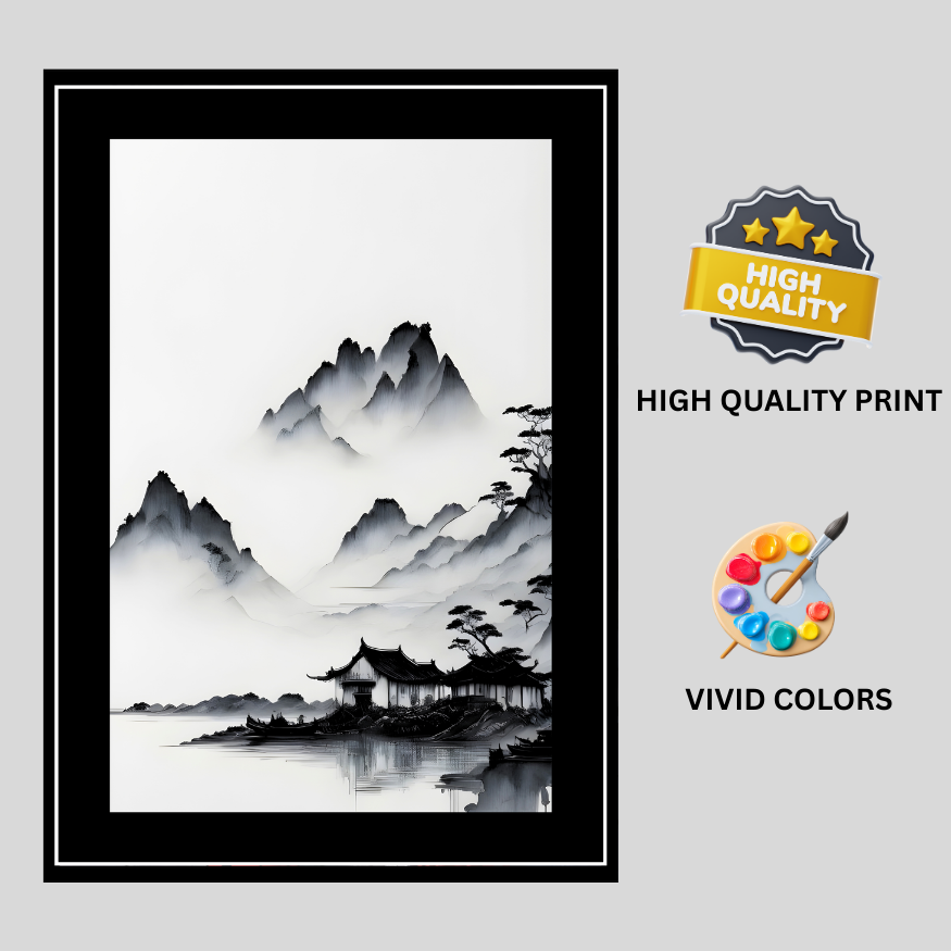 Minimalist Ink Mountain Landscape 2D Framed Wall Art Poster | Japanese Zen Style Misty Mountains & Lake Painting | HD Matte Finish Modern Wall Frame for Home & Office Décor