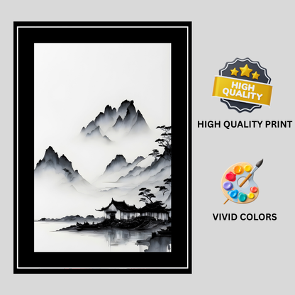 Minimalist Ink Mountain Landscape 2D Framed Wall Art Poster | Japanese Zen Style Misty Mountains & Lake Painting | HD Matte Finish Modern Wall Frame for Home & Office Décor