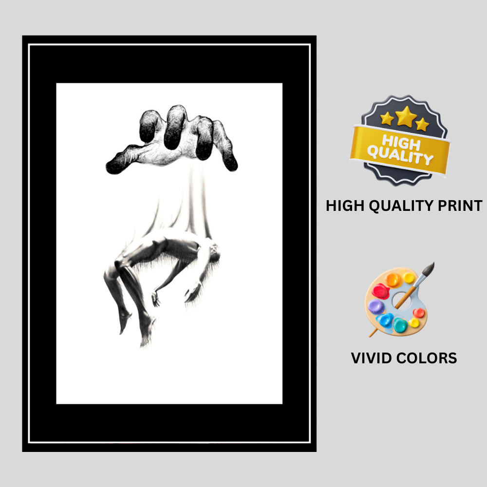 Surreal Puppet Control Art 2D Framed Wall Poster | Abstract Hand & Human Figure Concept Artwork | HD Matte Finish Modern Wall Frame for Home & Office Décor