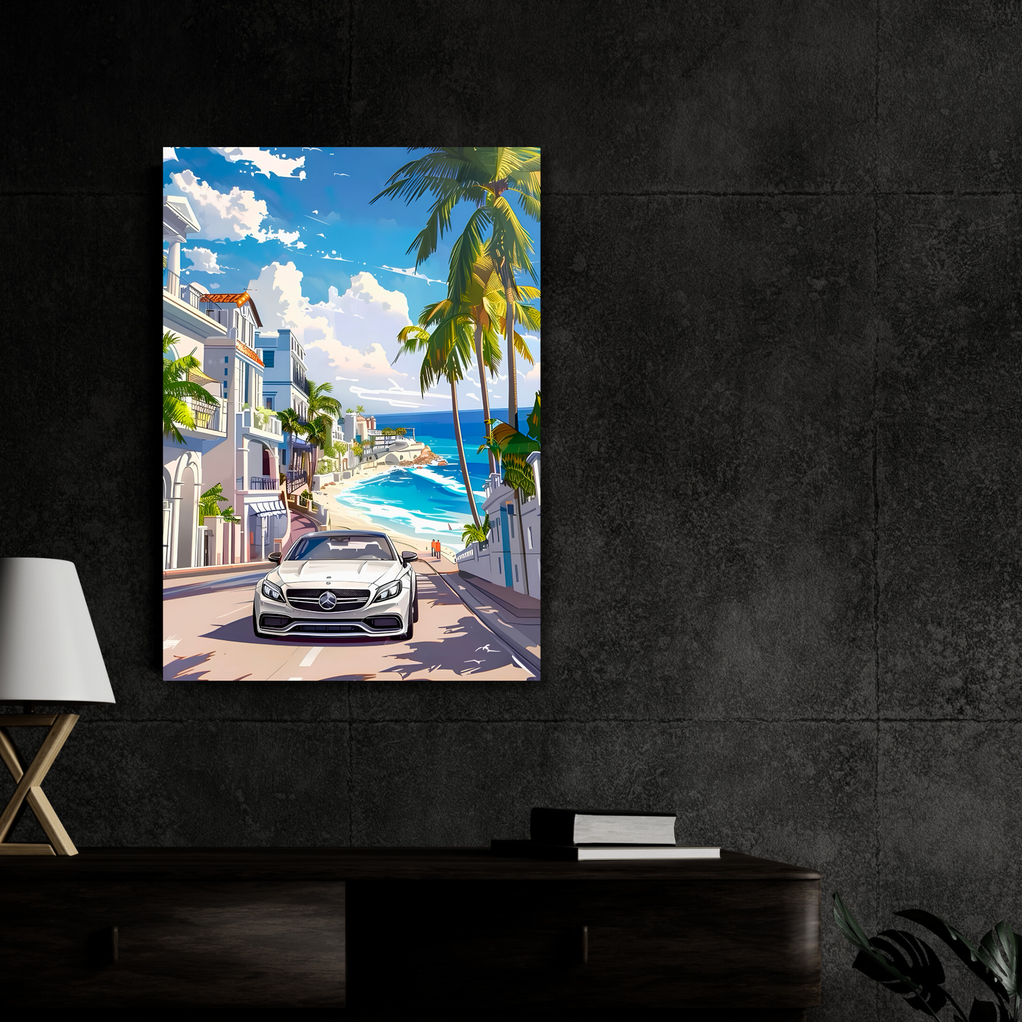 Luxury Coastal Supercar Poster for Room Aesthetic | Premium Beachside Sports Car Wall Art for Bedroom, Gaming Room, Office & Man Cave | Modern Tropical Car Artwork Decor