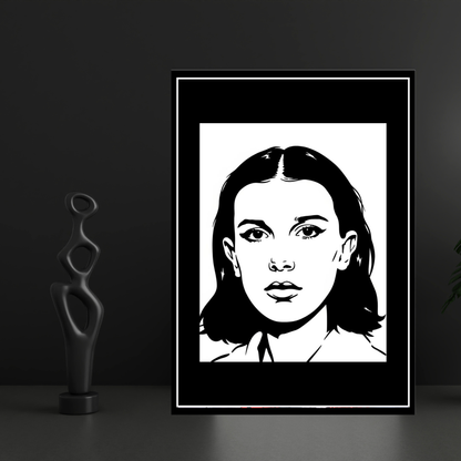 Millie Bobby Brown Inspired Portrait 2D Framed Wall Art Poster | HD Gloss Finish Black & White Illustration | Iconic TV Character Aesthetic Wall Frame for Bedroom & Studio