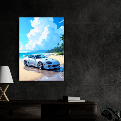 Toyota Supra Aesthetic Poster Wall Art | Tropical JDM Sports Car Artwork for Office, Garage & Gaming Room