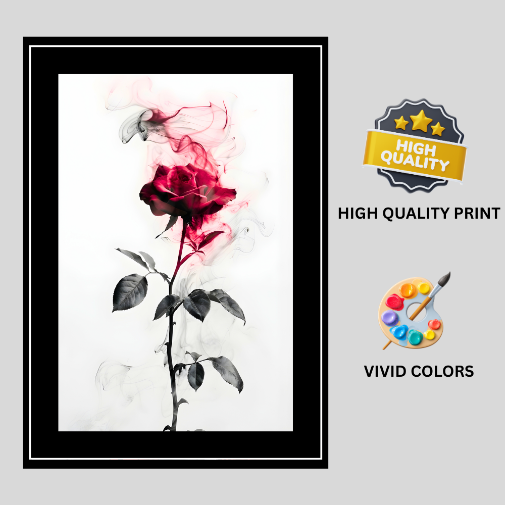 Abstract Red Rose Smoke Art 2D Framed Wall Poster | Romantic Floral Artwork with Smoke Effect | HD Matte Finish Modern Wall Frame for Home & Office Décor