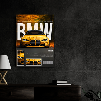 BMW M4 Competition Poster Wall Art | Yellow BMW Sports Car Aesthetic Poster for Bedroom, Gaming Room & Office | Premium Automotive Decor Print