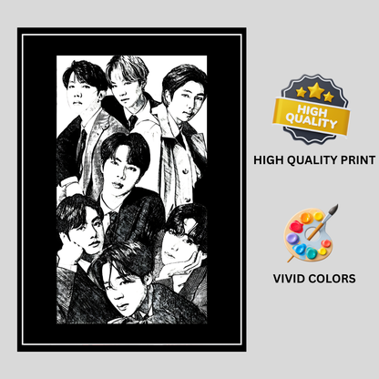 BTS Inspired K-Pop Boy Band 2D Framed Wall Art Poster | 7-Member Music Icon Sketch Design | HD Gloss Finish Fan Art Frame for Bedroom, Studio & Modern Home Décor