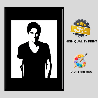 Damon Salvatore Inspired Portrait 2D Framed Wall Art Poster | The Vampire Diaries Aesthetic | HD Gloss Finish Black & White Silhouette Frame for Bedroom & Studio