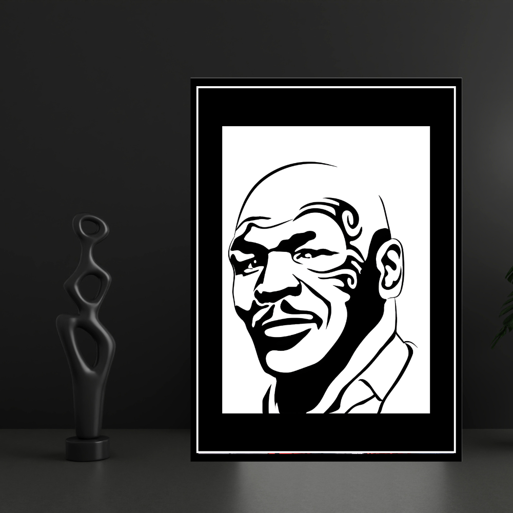 MIKE TYSON Boxing Legend Silhouette 2D Framed Wall Art Poster | HD Gloss Finish Black & White Portrait | Powerful Sports Motivation Wall Frame for Home, Office & Gym