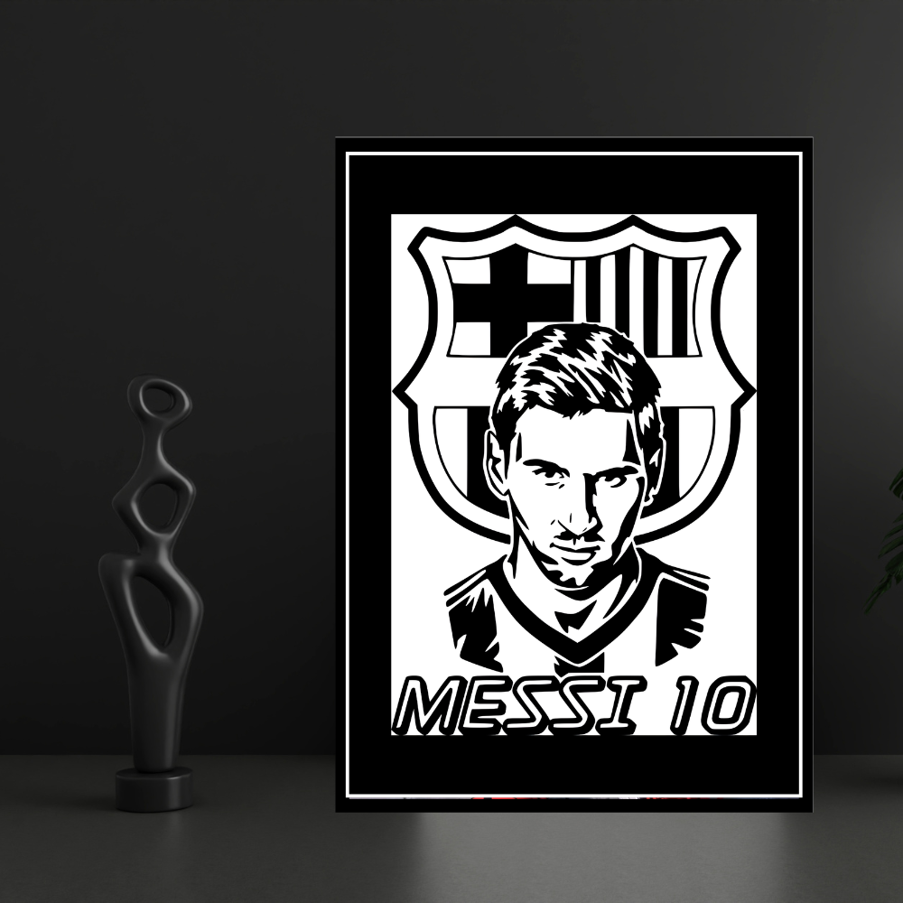 LIONEL MESSI Football Legend 2D Framed Wall Art Poster | HD Gloss Finish Black & White Portrait | Iconic Jersey No. 10 Sports Décor Frame for Home, Office & Gym