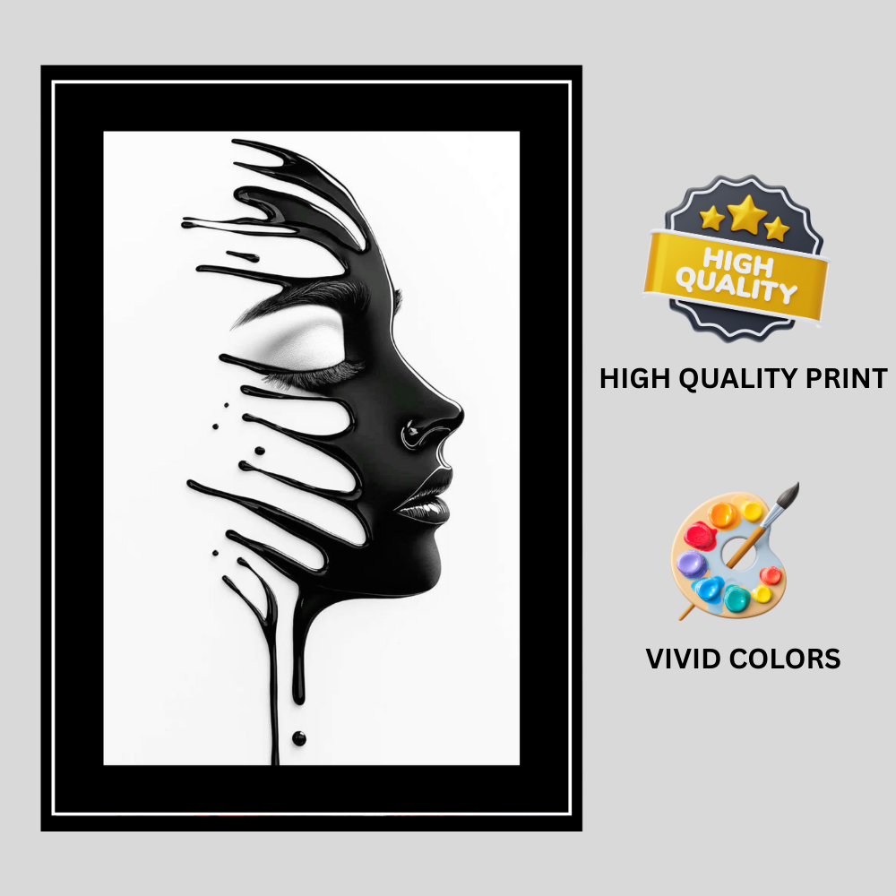 Abstract Black Liquid Face Wall Art 2D Framed Poster | Modern Minimalist Portrait Design | HD Gloss Finish Contemporary Wall Frame for Home & Office Décor