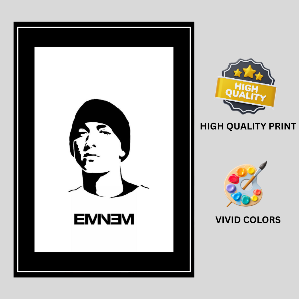 Eminem Inspired Minimalist Portrait 2D Framed Wall Art Poster | Hip-Hop Rap Icon Aesthetic | HD Gloss Finish Black & White Silhouette Frame for Bedroom & Studio Décor