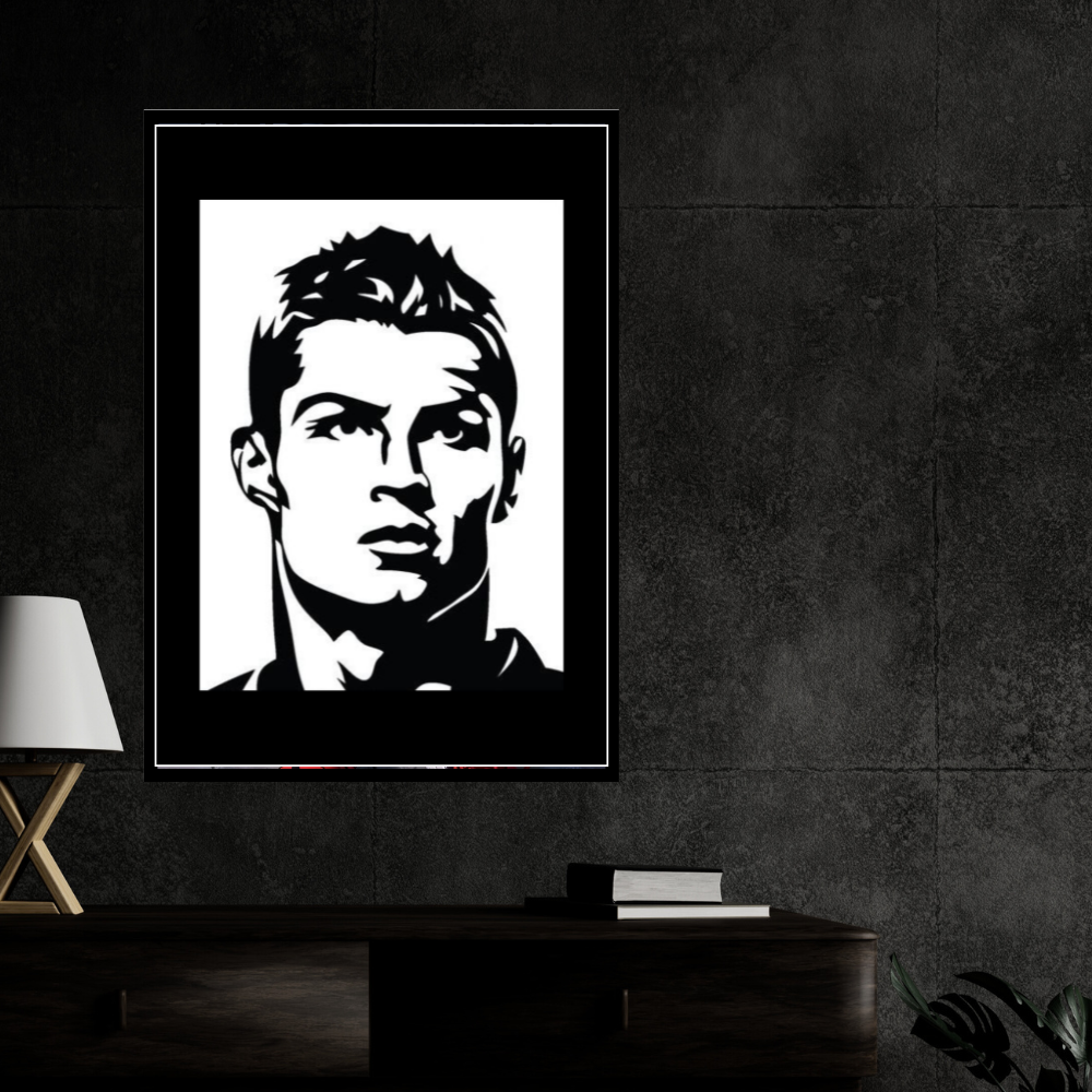RONALDO Football Icon Silhouette 2D Framed Wall Art Poster | HD Gloss Finish Black & White Portrait | Legendary Sports Motivation Frame for Home, Office & Gym Décor