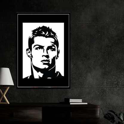 RONALDO Football Icon Silhouette 2D Framed Wall Art Poster | HD Gloss Finish Black & White Portrait | Legendary Sports Motivation Frame for Home, Office & Gym Décor