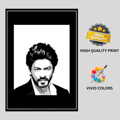 SHAHRUKH KHAN Inspired Portrait 2D Framed Wall Art Poster | King Khan Aesthetic | HD Gloss Finish Black & White Celebrity Silhouette Frame for Home & Office Décor