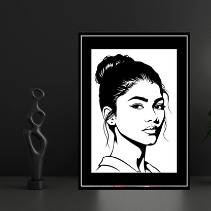 Zendaya Inspired Fashion Portrait 2D Framed Wall Art Poster | HD Gloss Finish Black & White Illustration | Modern Celebrity Aesthetic Wall Frame for Bedroom, Living Room & Studio