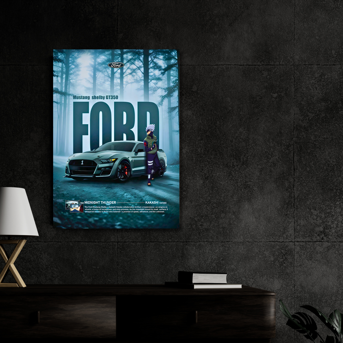 Ford Mustang Shelby GT350 Poster Wall Art | Kakashi Anime x Mustang Sports Car Aesthetic Poster for Gaming Room, Bedroom & Office | Premium Automotive Decor Print