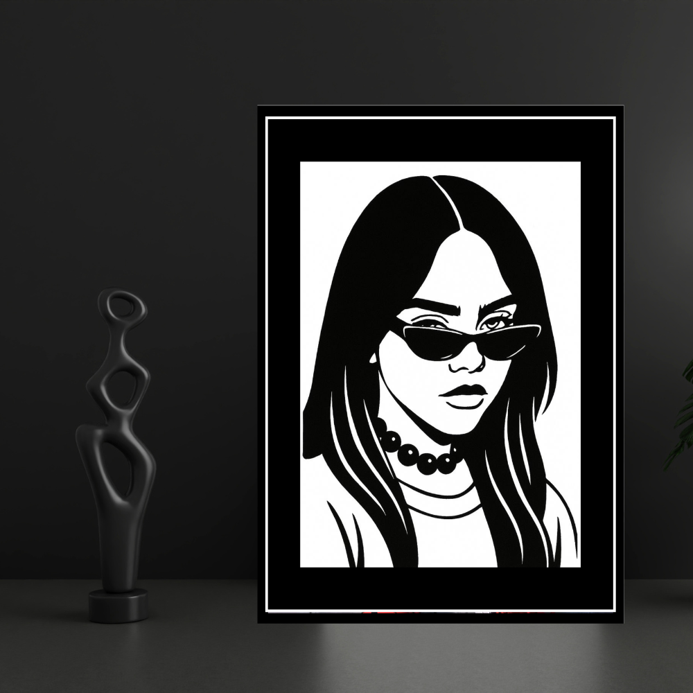 Billie Eilish Inspired Fashion Silhouette 2D Framed Wall Art Poster | HD Gloss Finish Black & White Portrait | Modern Music Icon Aesthetic Wall Frame for Bedroom & Studio