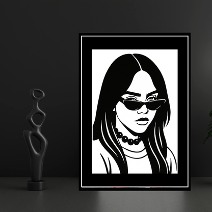 Billie Eilish Inspired Fashion Silhouette 2D Framed Wall Art Poster | HD Gloss Finish Black & White Portrait | Modern Music Icon Aesthetic Wall Frame for Bedroom & Studio