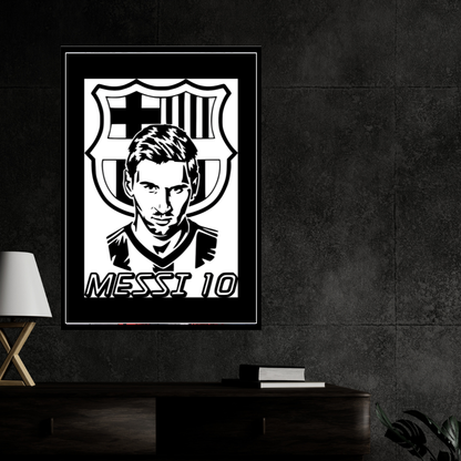 LIONEL MESSI Football Legend 2D Framed Wall Art Poster | HD Gloss Finish Black & White Portrait | Iconic Jersey No. 10 Sports Décor Frame for Home, Office & Gym