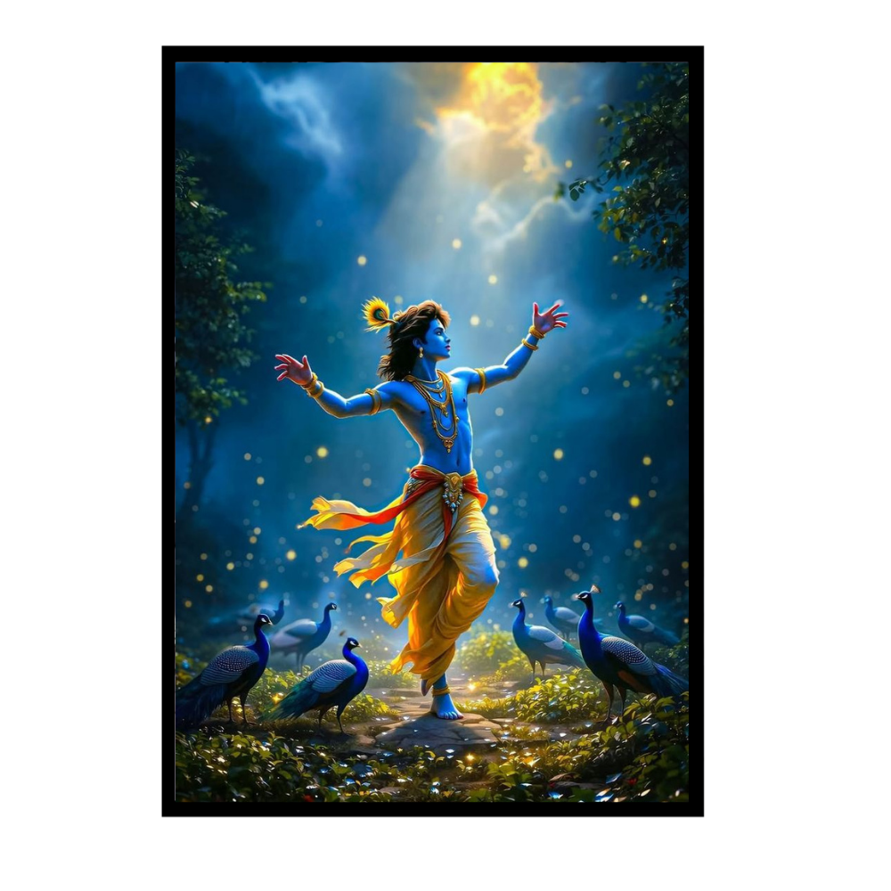 Lord Krishna Dancing with Peacocks Wall Art | Divine Krishna Nritya Poster | HD Glossy 2D Frame | Premium Spiritual Wall Décor for Home, Mandir & Living Room
