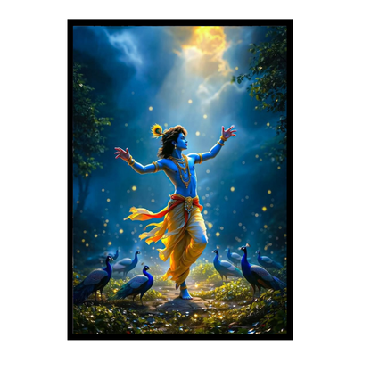 Lord Krishna Dancing with Peacocks Wall Art | Divine Krishna Nritya Poster | HD Glossy 2D Frame | Premium Spiritual Wall Décor for Home, Mandir & Living Room
