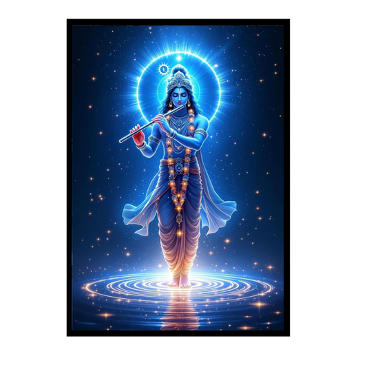 Lord Krishna Cosmic Flute Wall Art | Divine Krishna Playing Bansuri Poster | HD Glossy 2D Frame | Spiritual Krishna Wall Décor for Home, Mandir & Meditation