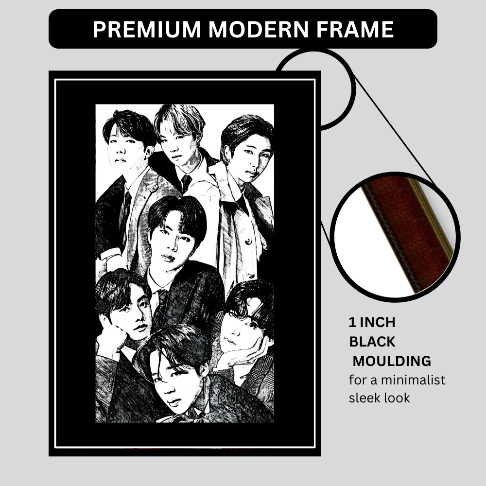 BTS Inspired K-Pop Boy Band 2D Framed Wall Art Poster | 7-Member Music Icon Sketch Design | HD Gloss Finish Fan Art Frame for Bedroom, Studio & Modern Home Décor