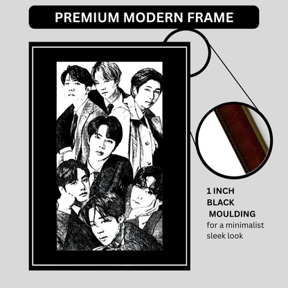 BTS Inspired K-Pop Boy Band 2D Framed Wall Art Poster | 7-Member Music Icon Sketch Design | HD Gloss Finish Fan Art Frame for Bedroom, Studio & Modern Home Décor