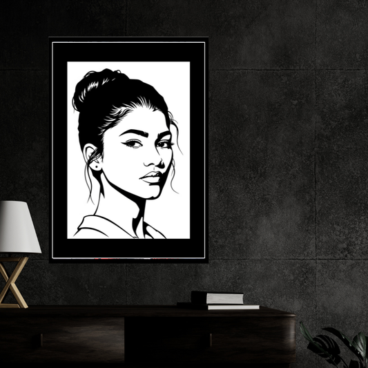 Zendaya Inspired Fashion Portrait 2D Framed Wall Art Poster | HD Gloss Finish Black & White Illustration | Modern Celebrity Aesthetic Wall Frame for Bedroom, Living Room & Studio