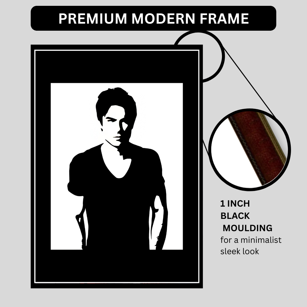 Damon Salvatore Inspired Portrait 2D Framed Wall Art Poster | The Vampire Diaries Aesthetic | HD Gloss Finish Black & White Silhouette Frame for Bedroom & Studio