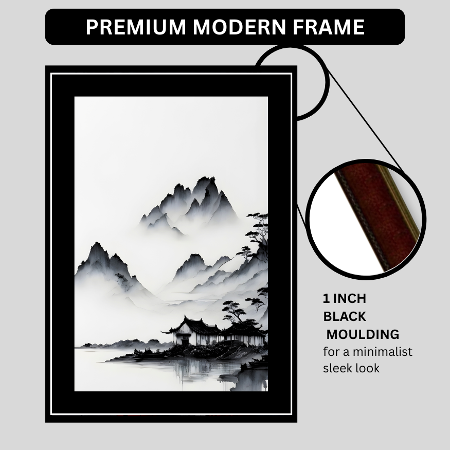 Minimalist Ink Mountain Landscape 2D Framed Wall Art Poster | Japanese Zen Style Misty Mountains & Lake Painting | HD Matte Finish Modern Wall Frame for Home & Office Décor