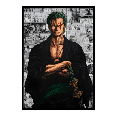 Roronoa Zoro 2D Glossy HD Wall Frame | One Piece Anime Samurai Artwork | Manga Collage Poster | Premium Gloss Finish Wall Decor for Anime Fans