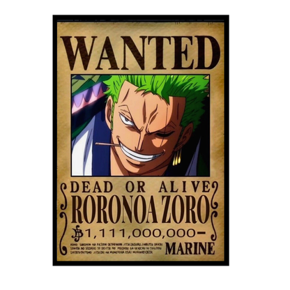 Roronoa Zoro Wanted Poster Wall Art 2D Framed | One Piece Anime Swordsman Character Bounty Artwork | Dead or Alive Pirate Poster | HD High Gloss Finish | Premium Wall Frame for Anime Fans