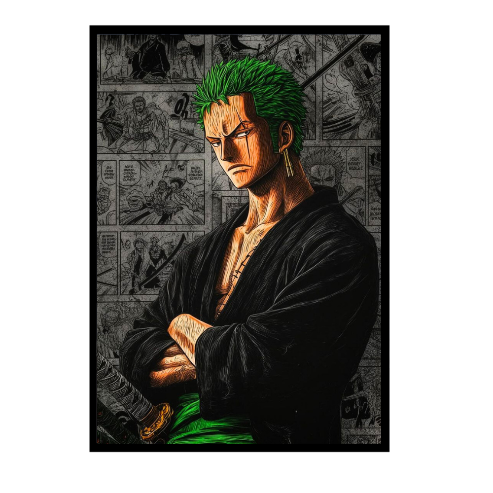 Roronoa Zoro 2D Glossy HD Wall Frame | One Piece Anime Swordsman Artwork | Manga Panel Background Poster | Premium Gloss Finish Wall Decor for Anime Fans