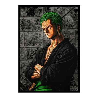 Roronoa Zoro 2D Glossy HD Wall Frame | One Piece Anime Swordsman Artwork | Manga Panel Background Poster | Premium Gloss Finish Wall Decor for Anime Fans