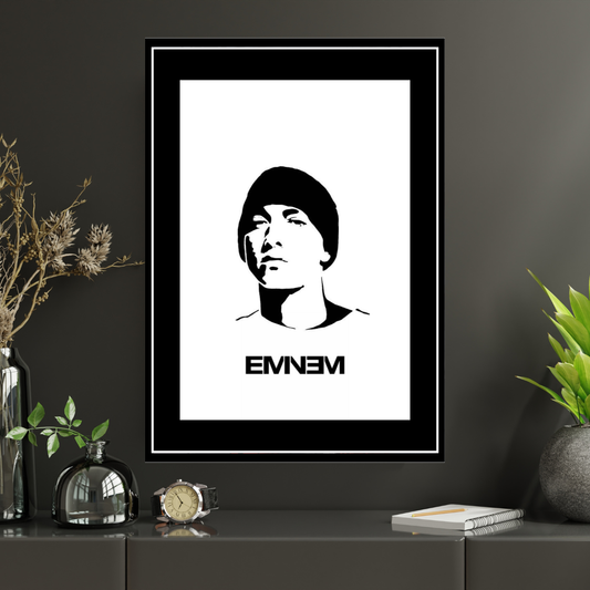 Eminem Inspired Minimalist Portrait 2D Framed Wall Art Poster | Hip-Hop Rap Icon Aesthetic | HD Gloss Finish Black & White Silhouette Frame for Bedroom & Studio Décor
