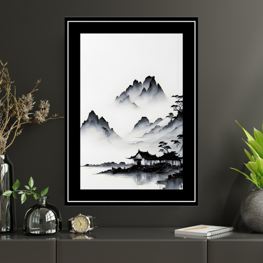 Minimalist Ink Mountain Landscape 2D Framed Wall Art Poster | Japanese Zen Style Misty Mountains & Lake Painting | HD Matte Finish Modern Wall Frame for Home & Office Décor