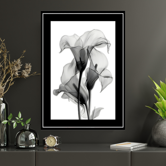 Abstract Monochrome Floral Art 2D Framed Wall Poster | Minimalist Black & White Flower Illustration | HD Matte Finish Modern Wall Frame for Home & Office Décor
