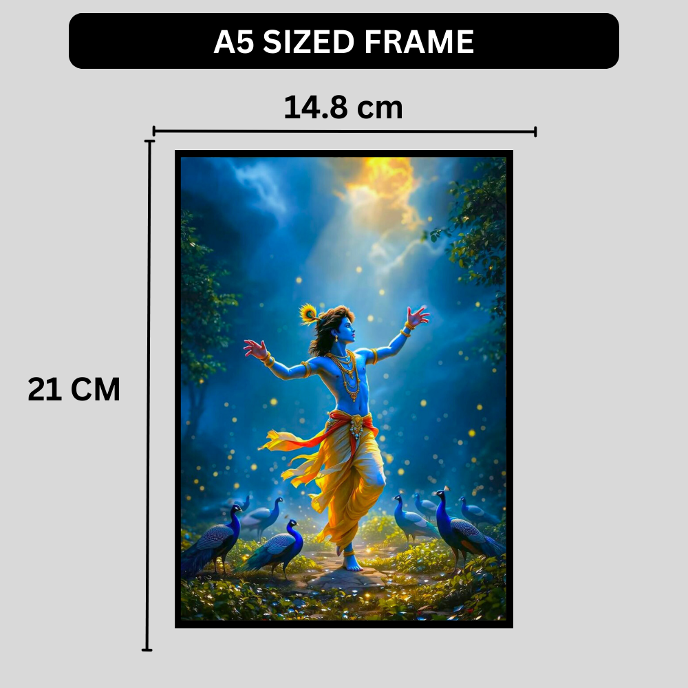 Lord Krishna Dancing with Peacocks Wall Art | Divine Krishna Nritya Poster | HD Glossy 2D Frame | Premium Spiritual Wall Décor for Home, Mandir & Living Room