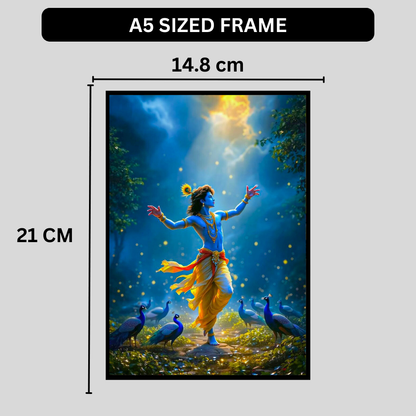 Lord Krishna Dancing with Peacocks Wall Art | Divine Krishna Nritya Poster | HD Glossy 2D Frame | Premium Spiritual Wall Décor for Home, Mandir & Living Room