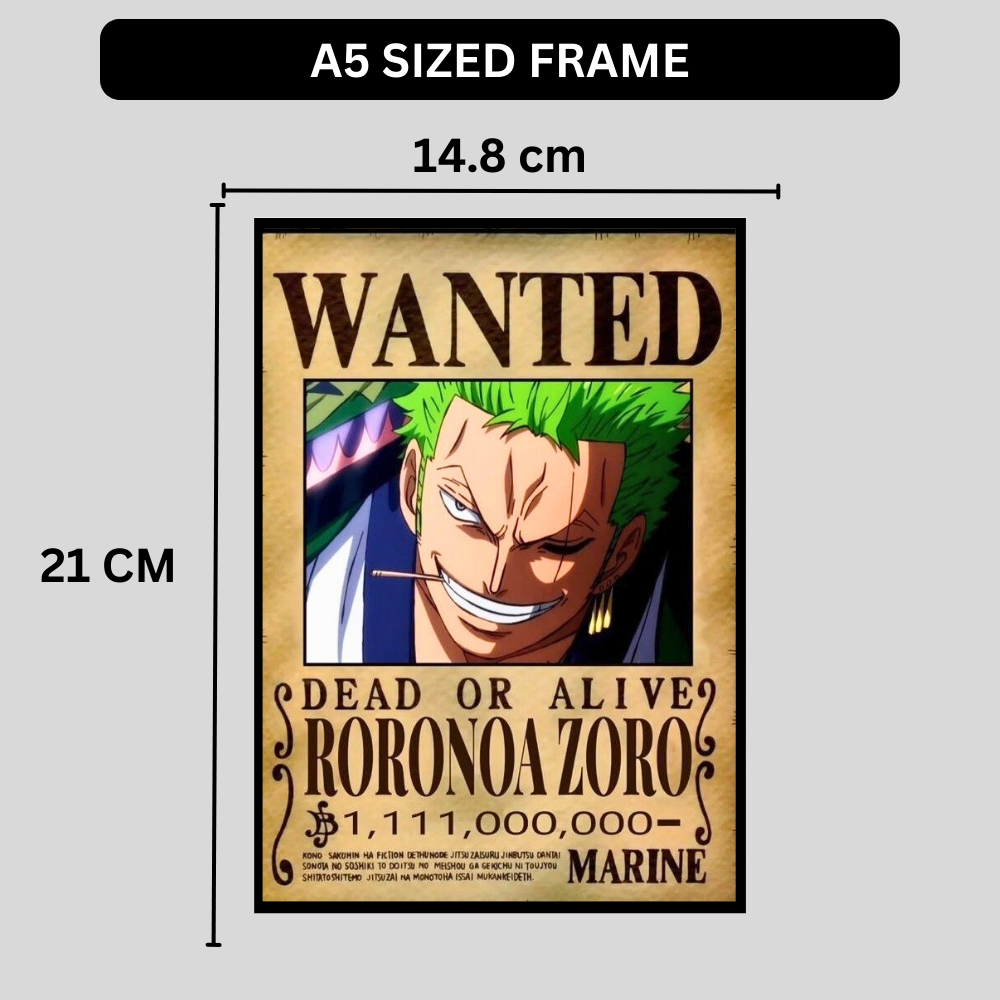 Roronoa Zoro Wanted Poster Wall Art 2D Framed | One Piece Anime Swordsman Character Bounty Artwork | Dead or Alive Pirate Poster | HD High Gloss Finish | Premium Wall Frame for Anime Fans