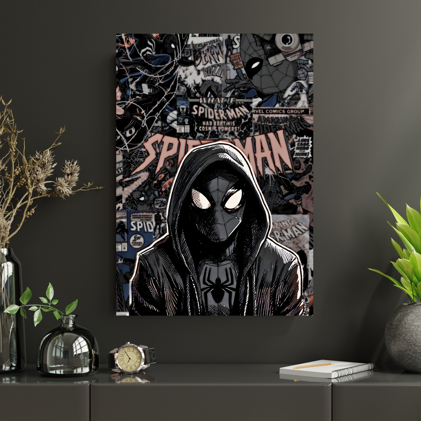 Spider-Man Dark Aesthetic Poster Wall Art | Hooded Spider-Man Comic Style Poster for Gaming Room, Bedroom & Office | Premium Superhero Decor Print