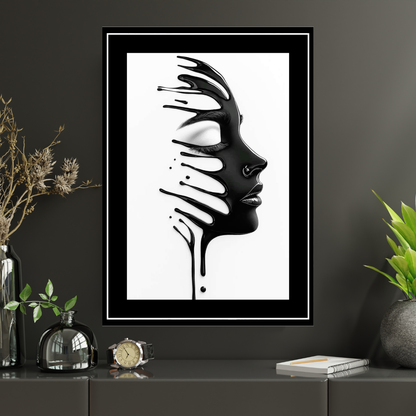 Abstract Black Liquid Face Wall Art 2D Framed Poster | Modern Minimalist Portrait Design | HD Gloss Finish Contemporary Wall Frame for Home & Office Décor