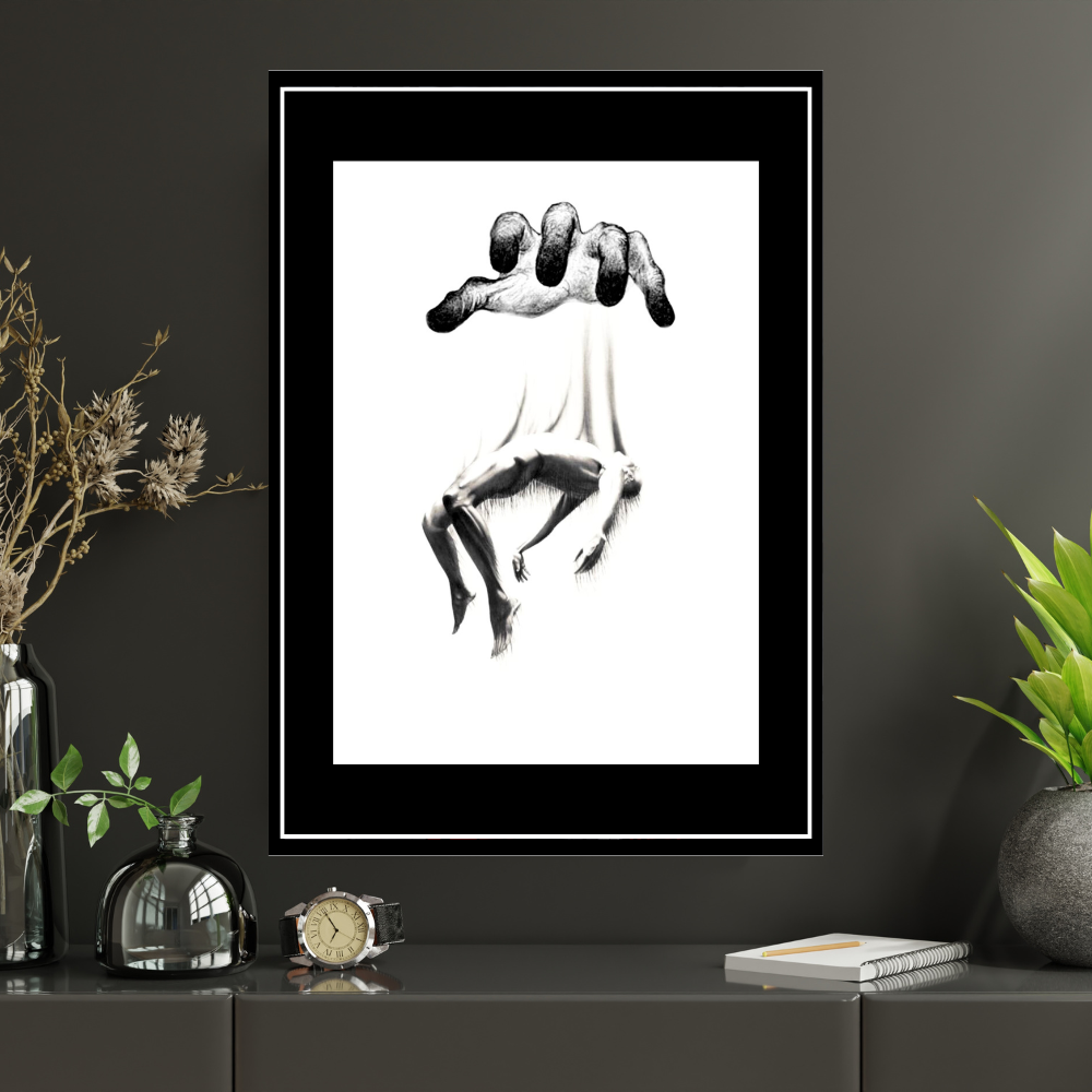 Surreal Puppet Control Art 2D Framed Wall Poster | Abstract Hand & Human Figure Concept Artwork | HD Matte Finish Modern Wall Frame for Home & Office Décor