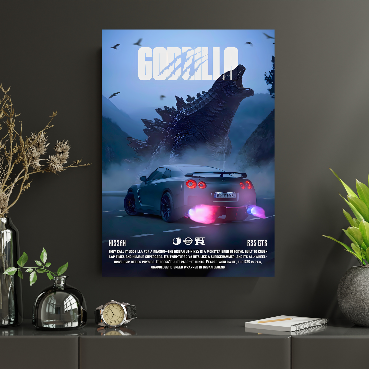 Nissan GT-R R35 Godzilla Poster Wall Art | JDM Supercar Aesthetic Poster for Gaming Room, Bedroom & Office | Premium Automotive Decor Print
